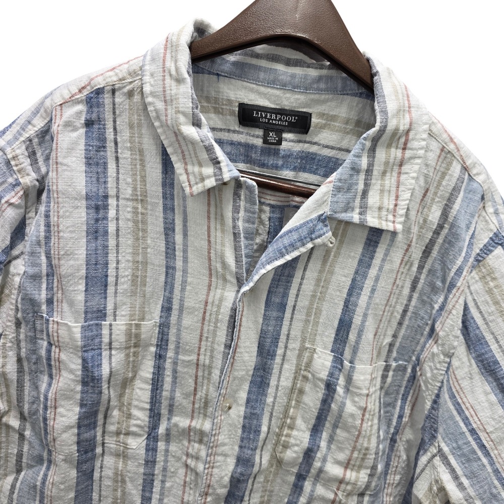 Liverpool Los Angeles Mens XL Blue Tan Striped Short Sleeve Cotton Button Down
